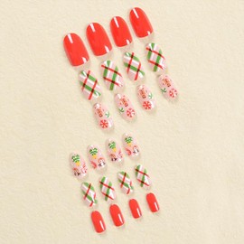 Christmas Press on Nails Short Oval Fake Nails Red Green Stripe False Nails Gingerbread Man Design Glossy Full Cover Acrylic Nails Glue on Nails for Women Nail Decoration
