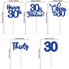 Paquete de 30 adornos para magdalenas de feliz 30 cumpleaños, color azul oscuro con purpurina treinta vívidas a 30 cumpleaños, para decoración de pasteles de feliz 30 cumpleaños