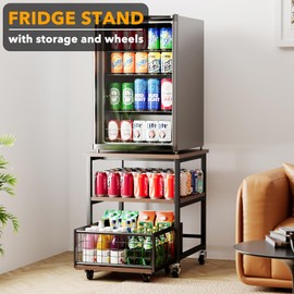 SpaceAid 3 Tier Mini Fridge Stand with Storage and Wheels, Heavy Duty 19.7x19.7in Mobile Refrigerator Shelf Stand Table, Fridge Cart Organizer with Drawer Basket for Home Dorm Office (Brown Wood)