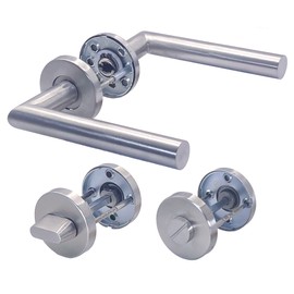 Generic APECS Door Handle Set Room Doors Inox Door Handle for Front Door and Interior Doors Door Fitting Round Rosette Fitting Stainless Steel Matt Handle Set WC PZ BB Model H-0204 Silver