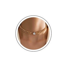 Yienate Gold Cuban Link Chain Choker Necklace Vintage Teardrop Rhinestone Pendant Necklace Punk Chunky Clavicle Chain Choker Statement Rock Thick Necklace Jewellery for Women and Girls, Zinc, No