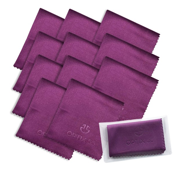 Microfiber Cleaning Cloths 12 Pack (6"x7") in Individual Vinyl Pouches | Glasses Cleaning Cloth for Eyeglasses, Phone, Screens, Electronics, Camera Lens Cleaner (12 Pack - Purple)