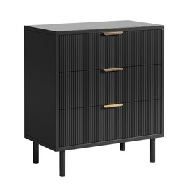 GarveeHome Black Fluted 3 Drawers Dresser, Wide Wood Chest of Drawers, Modern Storage Dresser Chest of Drawers Organizer with Metal Legs and Anti-Tipping Device for Bedroom Living Room