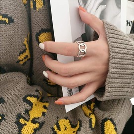 Dtja Silver Wide Open Band Ring for Women Statement Cuban Link Chain Adjustable Punk Hip Hop Motorcycle Rings Comfort Fit Fashion Vintage Jewelry