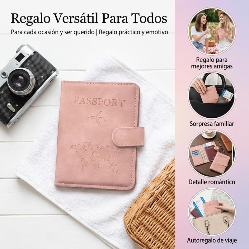 Porta Pasaporte Rosa, con Bloqueo RFID, Cuero PU Impermeable