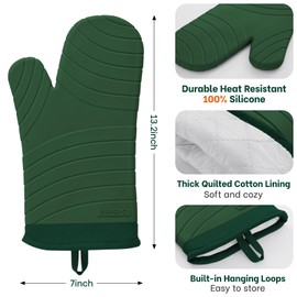 Beneno Premium Silicone Oven Mitts 2-Pack Heat Resistant 500°F, Soft Flexible Non-Slip Grips, BPA-Free & Waterproof Oven Mitts with Comfort Cotton Lining for Baking, Grilling, Cooking, 7"x13", Green