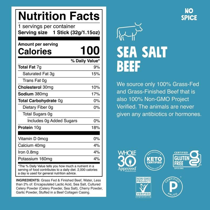 Chomps Sea Salt Grass-Fed and Finished Beef Stick - Box: