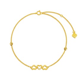 Rikelus Gold Heart Bracelet for Women 14K Real Gold, Trible Hearts link Bracelet Gifts for Mom Wife Friend Her 6.5+2 inch (Style 1, 14K Yellow Gold)