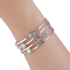 BULINLIN Beaded Silver Bangle Wrap Bracelet for Her, Layered Bohemian Bracelets with Natural Stone, Jewellery Gifts for Women Ladies(Metal)
