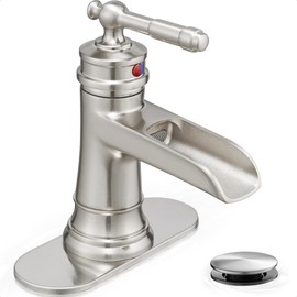 HOIGY Brass Brushed Nickel Faucet Bathroom, Waterfall Faucet for Bathroom Sink, Single Handle Bathroom Faucet 1 Hole, 4 Inch 3 Holes Bathroom Faucets with Drain Deck Plate & Supply Hoses for Lavatory