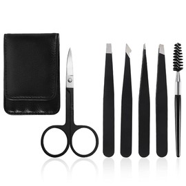 HappyGo Precision Tweezers Professional Stainless Steel Tweezer Set 6 Pack Eyebrow Scissor Kit with Carry Pouch for Facial or Ingrown Hair, Splinter, Blackhead Remover