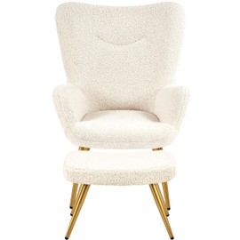 Topeakmart Sherpa Accent Chair with Ottoman Set, Boucle Armchair with Footstool, High Back and Metal Legs Living Room Bedroom Ivory