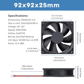 GDSTIME 92mm Fan 92 x 25mm Dual Ball Bearing Brushless Cooling Fan 9225 DC 12V Fan 2500 RPM High Speed Case Fan Cooler For Ventilation Exhaust