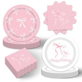 40pcs Bow Party Supplies,include 20 Dessert plate and 20 Napkin,bridal shower plates Party Plate Napkin Set,Used for She's Tying the Knot Bachelorette Party Decoration pink bow decor