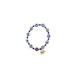 Evil Eye Beaded Bracelet with Gold Elephant Charm, Blue Beads, Stretch Style