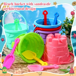 Didaey 60 Pcs Beach Sand Buckets and Shovels, Include 30 Beach Sand Pail Sand Bucket 6 Colors Bucket with a Castle Design Inside and 30 Sand Shovels for Boys and Girls Summer Party (7.5 x 5.9 Inch)