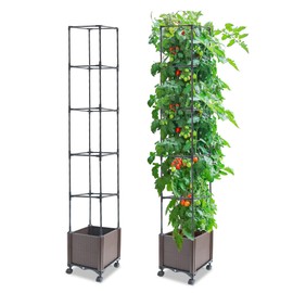 Quibbay Raised Garden Bed with Tomato Planter Cage, 74" Self-Watering Tomato Planters Boxes with Trellis Wheels, Trellis Planter Boxes for Outdoor Climbing Plants Vegetable Vine Flowers, 1Pack