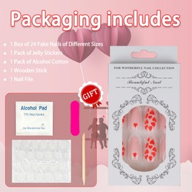 Valentine's Day Press on Nails Pink Almond Press on Nails Medium Fake Nails with Red Heart Designs alse Nails Glossy Reusable Stick on Glue on Nails for Women 24Pcs