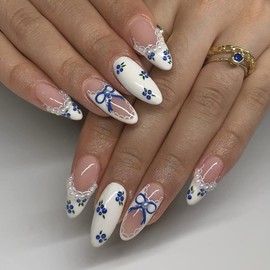 Medium Almond Press on Nails White Fake Nails French Tip False Nails with Blueberry Lace Pearl Design Glossy Stick on Nails Full Cover Glue on Nails Cute Artificial Nails for Women Manicure 24Pcs