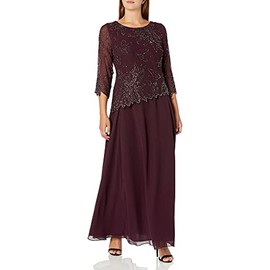 J Kara Women's 3/4 Floral Beaded Pop Over Gown, Wine/Shaded/Mercury, 16