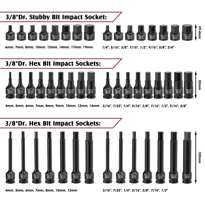 MIXPOWER 3/8" Drive Master Hex Bit Impact Socket Set, Solid