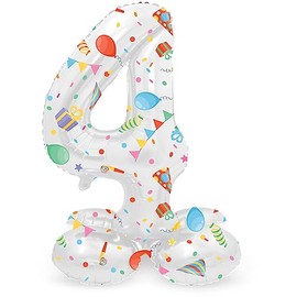 Folat 63964 Palloncino di alluminio Numero con Base Figura 4 Joyful Party Multicolore 72 cm - decorazione palloncino per compleanno, anniversario, non è necessario l'elio