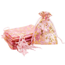 SumDirect 100pcs 3 1/2 x 4 7/10 inch Pink Rose Drawstring Organza Bags, Jewelry Favor Pouches for Gift Wedding Party Festival