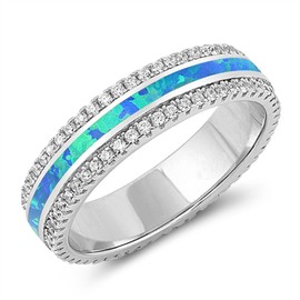 Blue Simulated Opal Eternity Wedding Ring .925 Sterling Silver Stripe Band Size 9