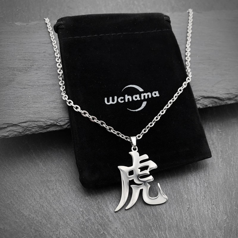 Wchama Tiger Kanji Necklace Japanese for Men Women Stainless Steel