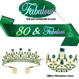 ALRBE TIN 80th Birthday Sash Kit - Fabulous Green Sash, Rhinestone Tiara for Happy 80th Party Supplies and Decorations, Birthday Gifts