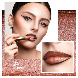 OULAC Lippenstift Metallic Glanz Finish, Braun Glitzer Lippenstift mit Lang Anhaltendem 3D-Glanz, Intensive Farbe, Cremige und Feuchthaltende Formel, Vegan, 4.3g, (24) Me Time