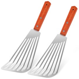 Ninsula 2 PCS Fish Spatula Set, 10.8 inch Upgraded Wood Handle Fish Spatula Stainless Steel, Polished Metal Slotted Turner for Flipping Fish, Omelets, Crepes, Steaks, Burgers, and Pancakes