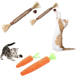 Pack of 2 Cat Toy Carrots (Large + Small) and 2 Pieces Catnip Sticks, Cat Chewing Wood Sticks for Cats Dental Care & Against Bad Breath Naturally Safe Cat Sticks Chew Sticks