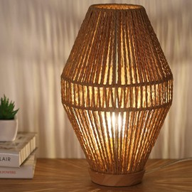 Boho Table Lamps for Bedroom & Living Room - Small Natural Woven Basket Lanterns with Paper String Shades