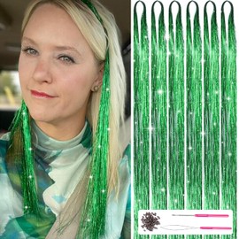 MISSUHUI Hair Tinsel Kit with Tools 47Inch 1200 Strands Fairy Hair Tinsel Heat Resistant Glitter Tinsel Hair Extensions Sparkling Shiny Hair Tinsel Strands Kit for Women Girls 6Pcs (Green)