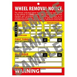 Wheel Change Notice Tag Card Re-Torque Warning - 50 Cards (with Bands)