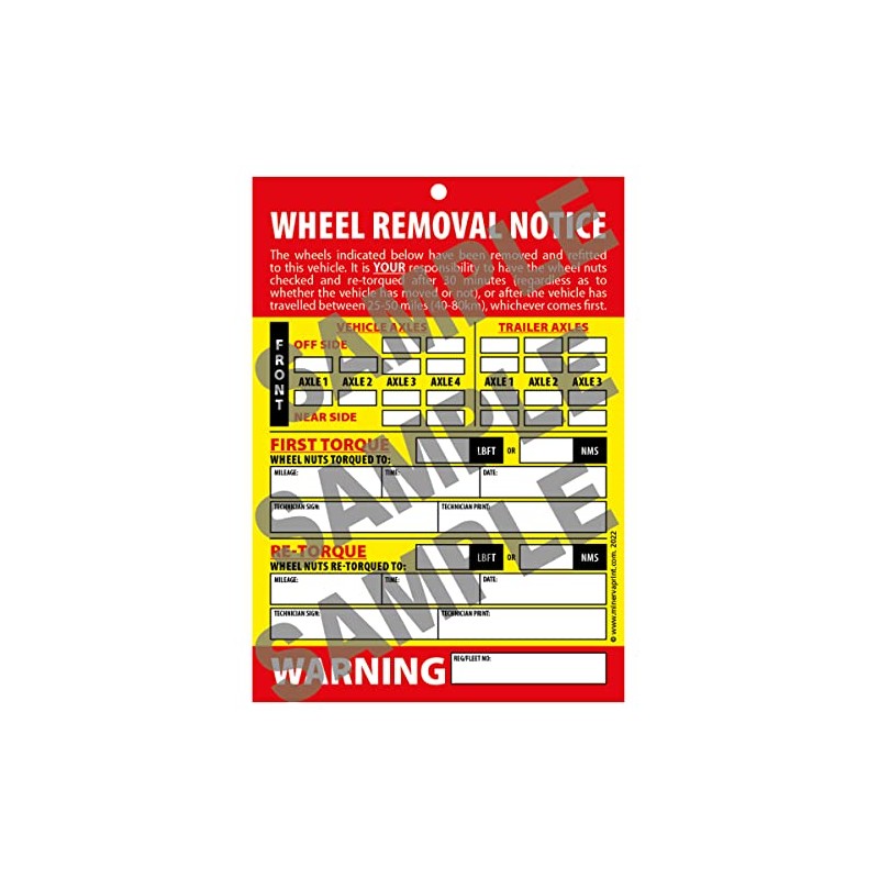 Wheel Change Notice Tag Card Re-Torque Warning - 50 Cards
