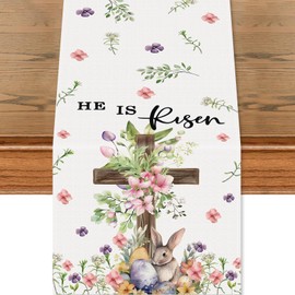 FurniGift Easter Table Runner 13x72 Inch - Natural Linen with Bunny, Eggs,Cross & He is Risen Easter Design for Easter Dining Table, Spring Dining Table & Home Party Decor