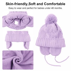Pesaat Knitted Baby Winter Beanie Earflap Warm Hat for Infant Toddler Boys Girls Fleece Lined Beanies with Pompom (6-12 Months, Purple)