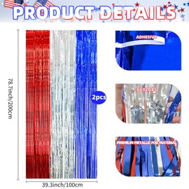 2 Pack Red White Blue Tinsel Fringe Curtains – 3.3 x 6.6 Feet Patriotic Foil Backdrop for 4th of July, Memorial Day, Veterans Day, Election Parties, and American Flag Theme Photo Booth Decorations