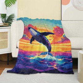 UNDAHIS Colorful Whale Blanket, Soft Warm Cozy Sunset Breaching Whale Throw Blanket Gifts for Adults Kids Women, Lightweight Fuzzy Comfy Flannel Blankets for Couch, Travel, Bed, House Decor 60×50 Inch