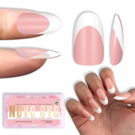 NOVO OVO White French Tip Oval Nail Tips Press on BABY PINK, Extra Thick Medium Soft Gel Fake Nail Acrylic Extension, Need Builder Gel Top Coat, No Glue Included, for Salon DIY x 15 Sizes 240 pcs