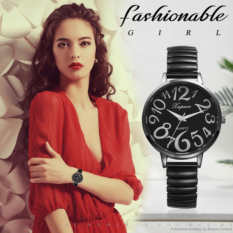 Women's Watch, Large Dial, Cute, Waterproof: Number, Analog Display, Elastic