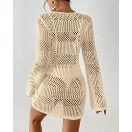 Bsubseach Women Swimsuit Crochet Coverup Long Sleeve V Neck Beach Knit Bathing Suits Cover Ups Mesh Bikini Hollow Out Dress Apricot M