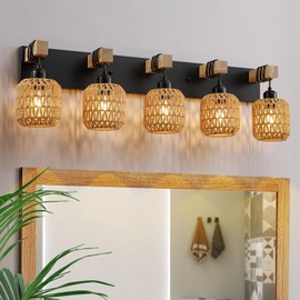 5 Light Bathroom Vanity Light Fixtures, Rustic Style Wood Bathroom Wall Sconce, with Boho Wicker Lampshade, Suitable for Bedroom, Hallway, and Living Room, Rattan Black Farmhouse Wall Sconce