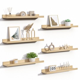 upsimples Floating Shelves for Wall, 23.6 Inch Shelves for Decor Storage Set of 6, Wall Mounted Wood Shelf for Bedroom, Living Room, Bathroom, Kitchen, Long Picture Ledge Shelves, Natural