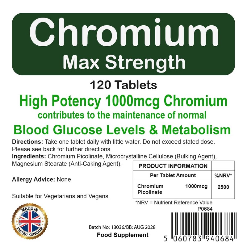 Chromium 1000mcg Picolinate Tablets | 120 Pack | Max Strength
