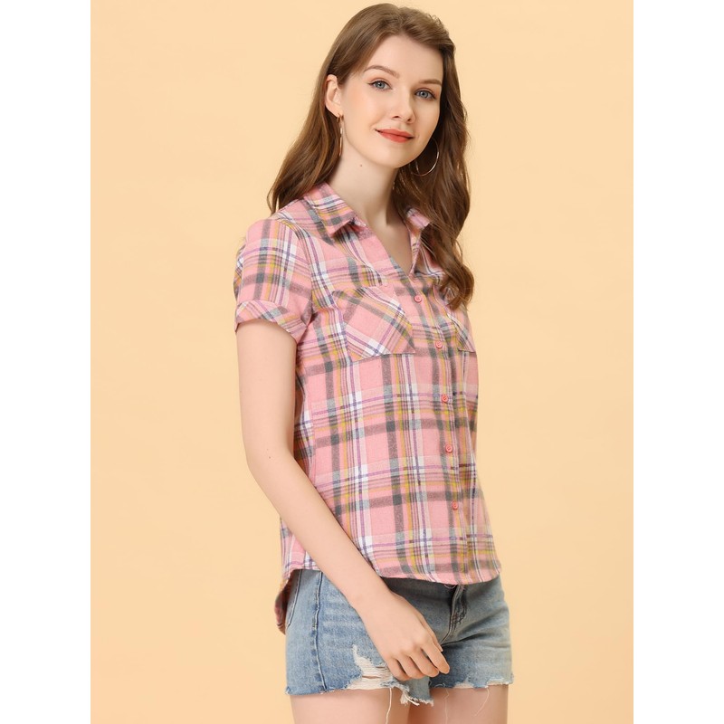 Allegra K Women's Plaid Shirts Cotton Short Sleeve Classic Button