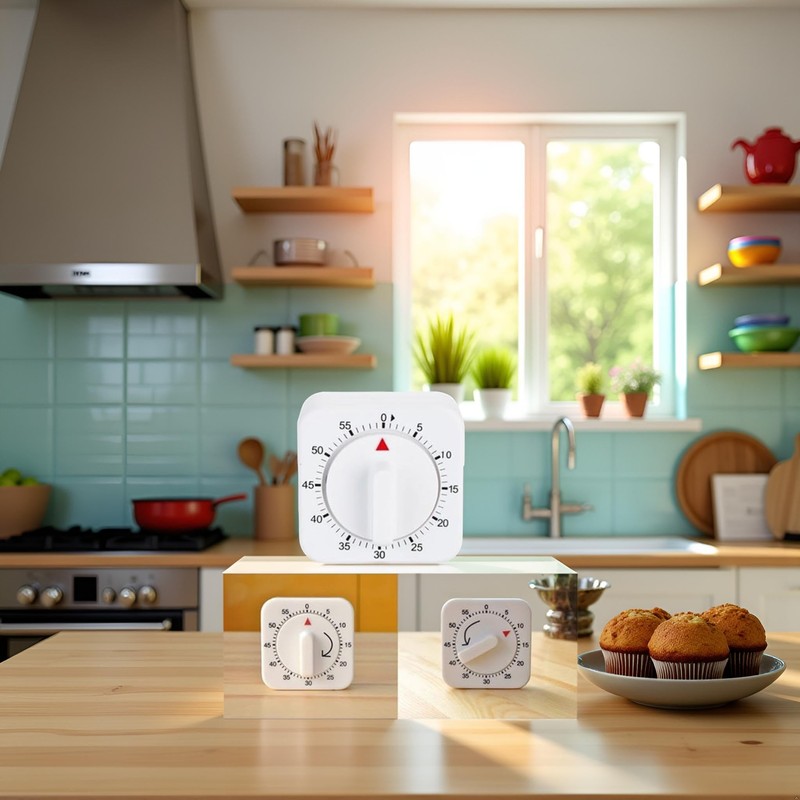 White Square Timer Clock 60-Minute Mechanical Kitchen Timer Wind up
