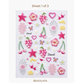 Beaolata Flower Nail Stickers for Nail Art - 3 Sheets 5D Embossed Sweet Dreamland Leaf Plant Designs Self-Adhesive Nail Decals for Women Manicure Salon Nails Art Decoration